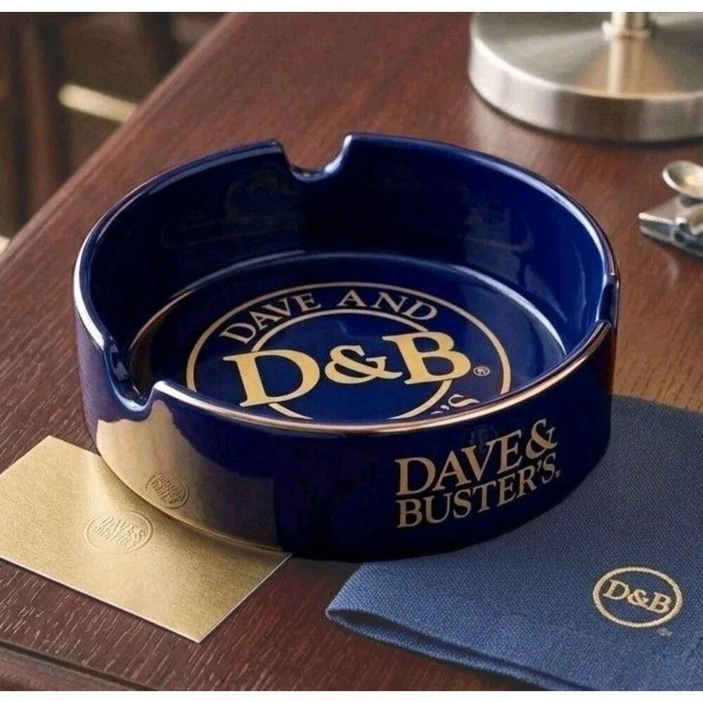 Dave & Buster's Large Cobalt Blue Cigar Ashtray Gold Trim 3 Slots 6"